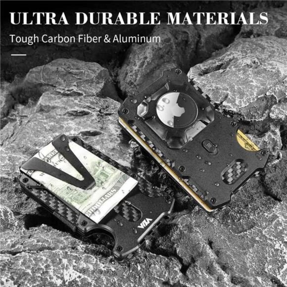 Mens Wallet w/ AirTag Holder Credit slim Front Pocket Carbon Fiber RFID Blocking - Picture 4 of 7